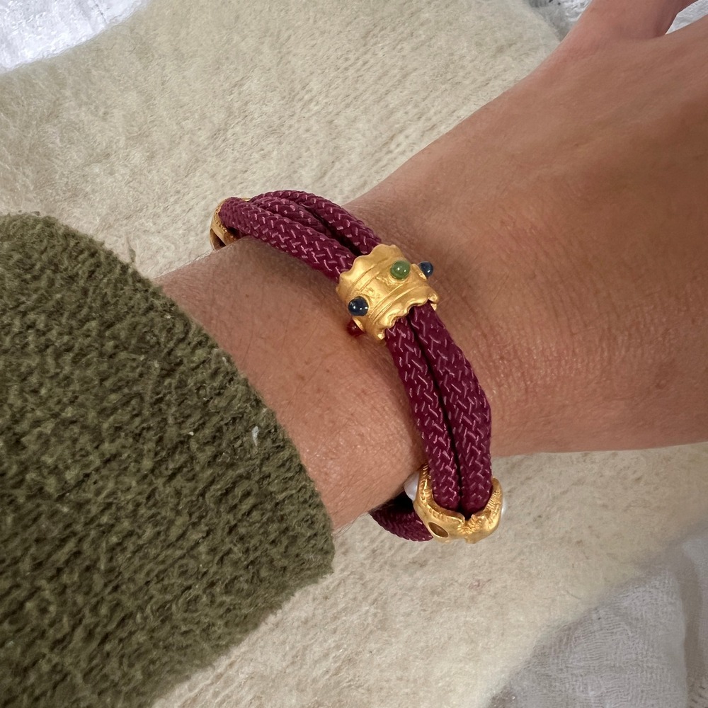 Vintage 80s Byzantine Style Burgundy Cord Bracelet Gold Plated Multi Gemstone